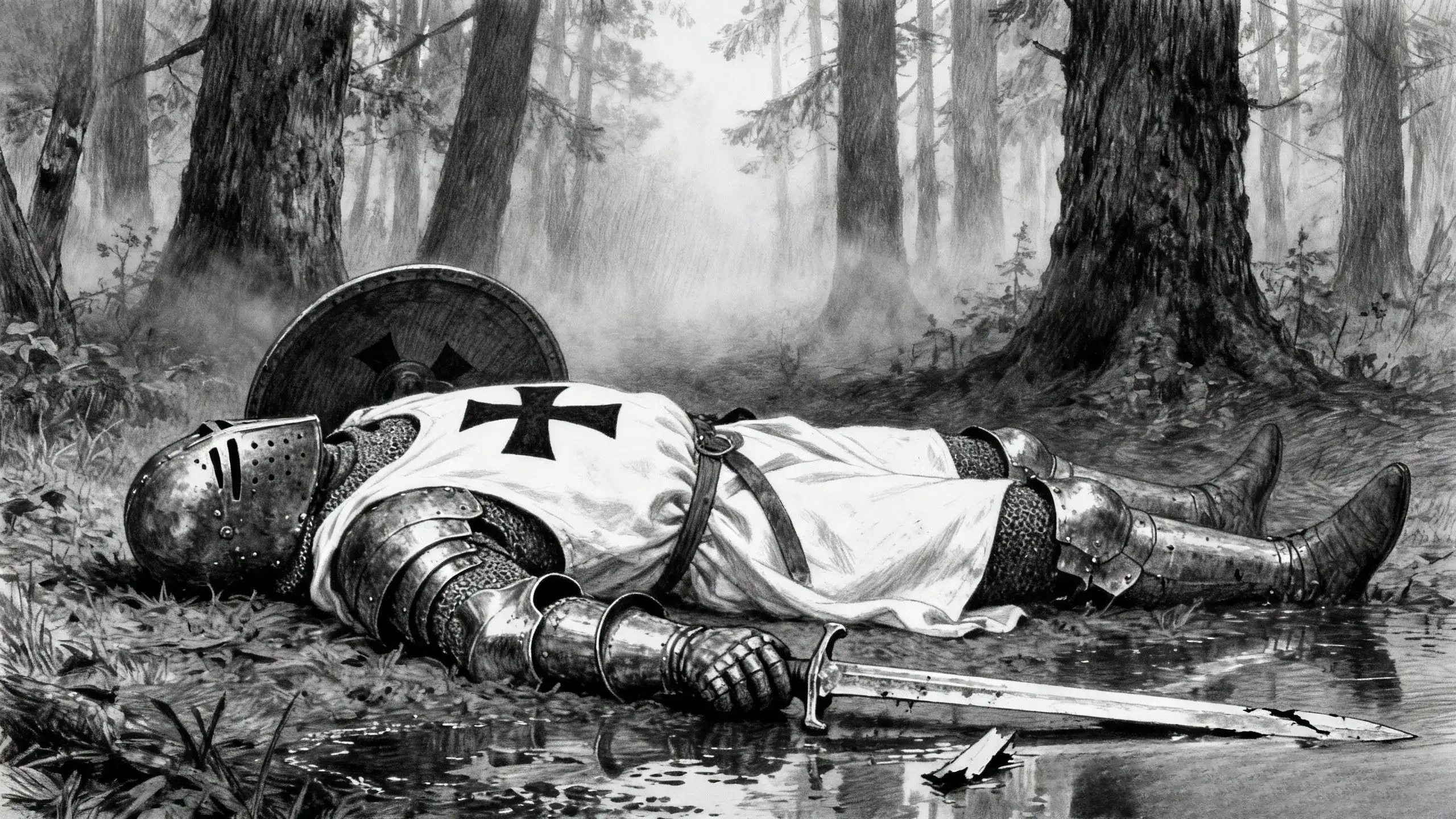 Chevalier teutonique mort dans les bois, victime des peuples païens dans saga l'âge des croisades