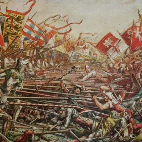 L'armée suisse faisant face à la bataille de Sempach le 9 juillet 1386